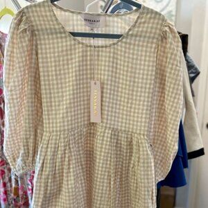 NWT JESSAKAE puff sleeve pocket checkered gingham beige women size XS Dress
